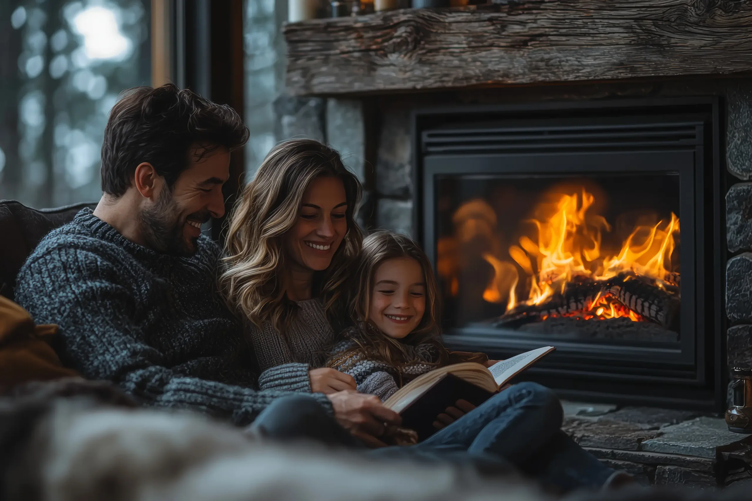 Picture of family in front of a warm cozy fire